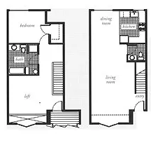 A floor plan of a house with a living room, dining room, kitchen, and two bedrooms.